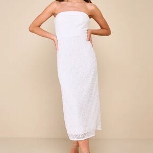 Lulu’s white crochet strapless midi dress